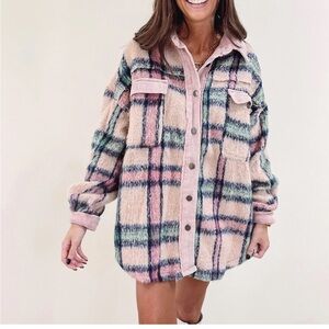 POL Plaid Oversized Jacket - Shacket Pink and Cream